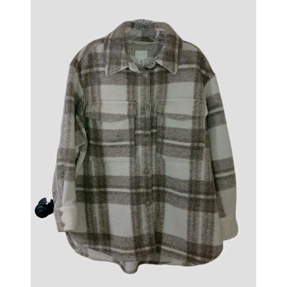 H&M Woven Flannel Button Front Shacket Sz M White Beige Plaid Pockets Oversized - Picture 1 of 14